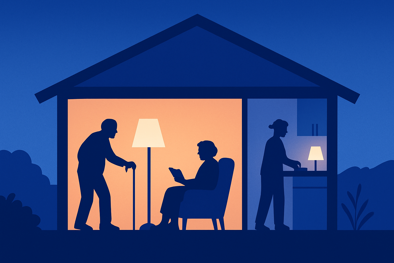 A house at night: an older man with a cane and a seated woman by a lamp, another person nearby