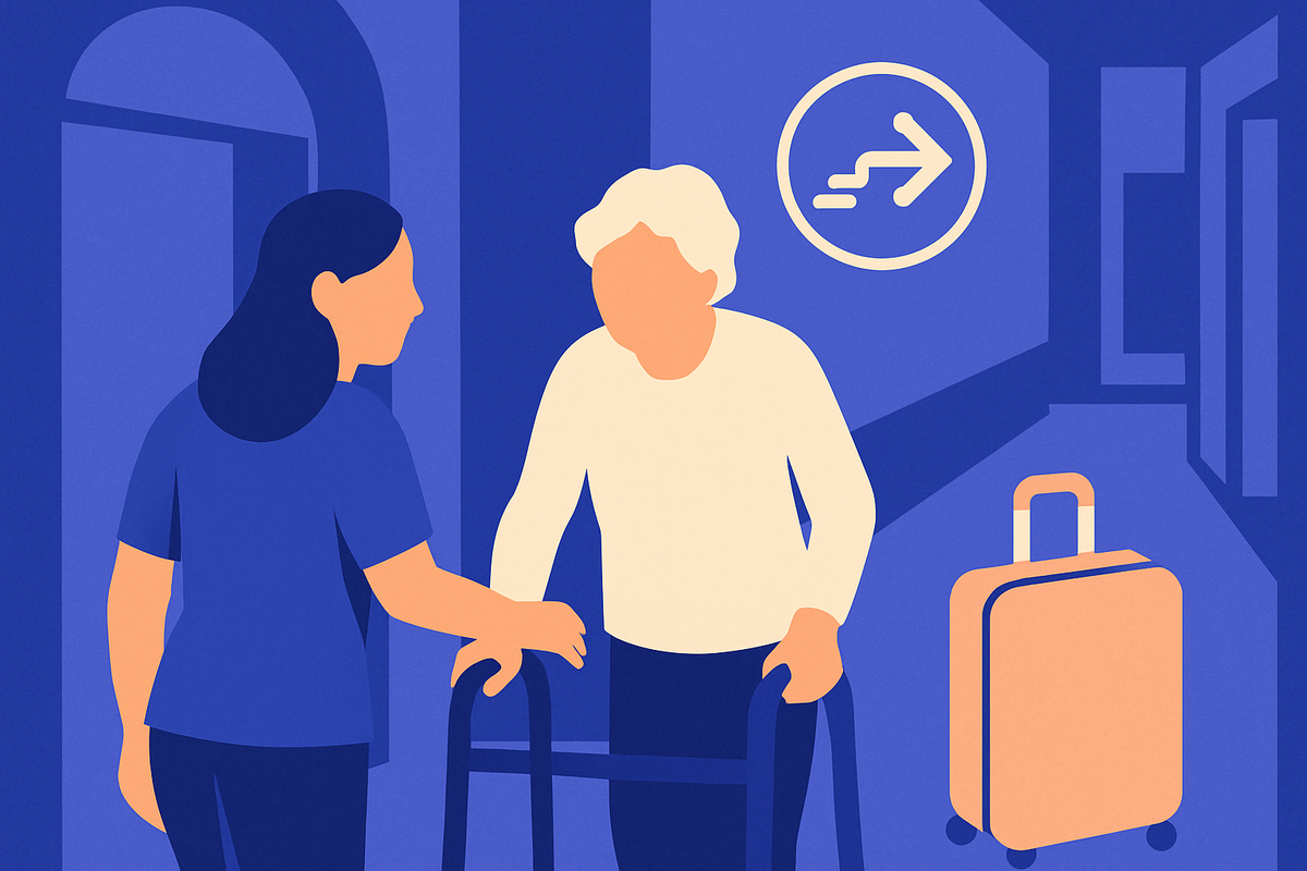 A care worker helps an older woman with a walker, an exit arrow and a suitcase nearby