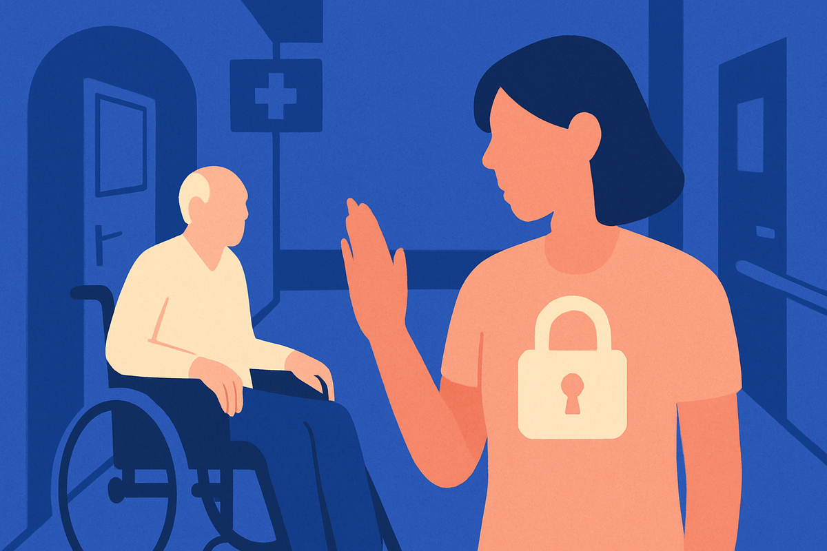 A woman raises her hand to set a boundary near an older man in a wheelchair, a padlock on her shirt