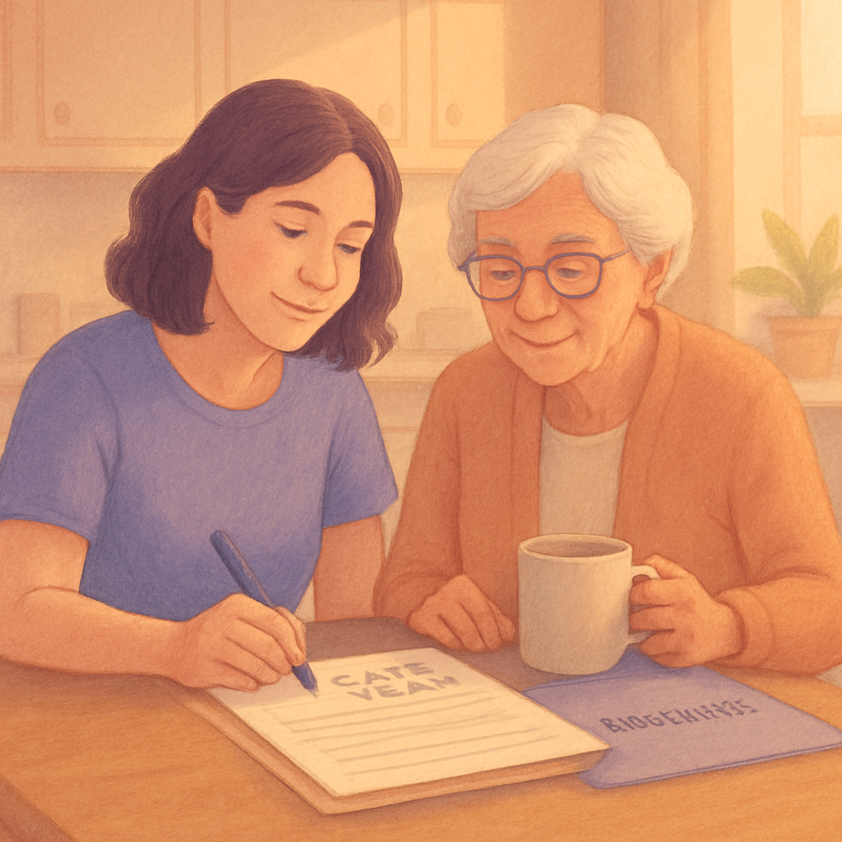 A caregiver reviewing a printed care plan with her parent