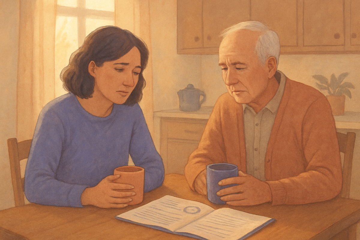 An adult child sitting with a newly diagnosed parent, reviewing a printed plan together