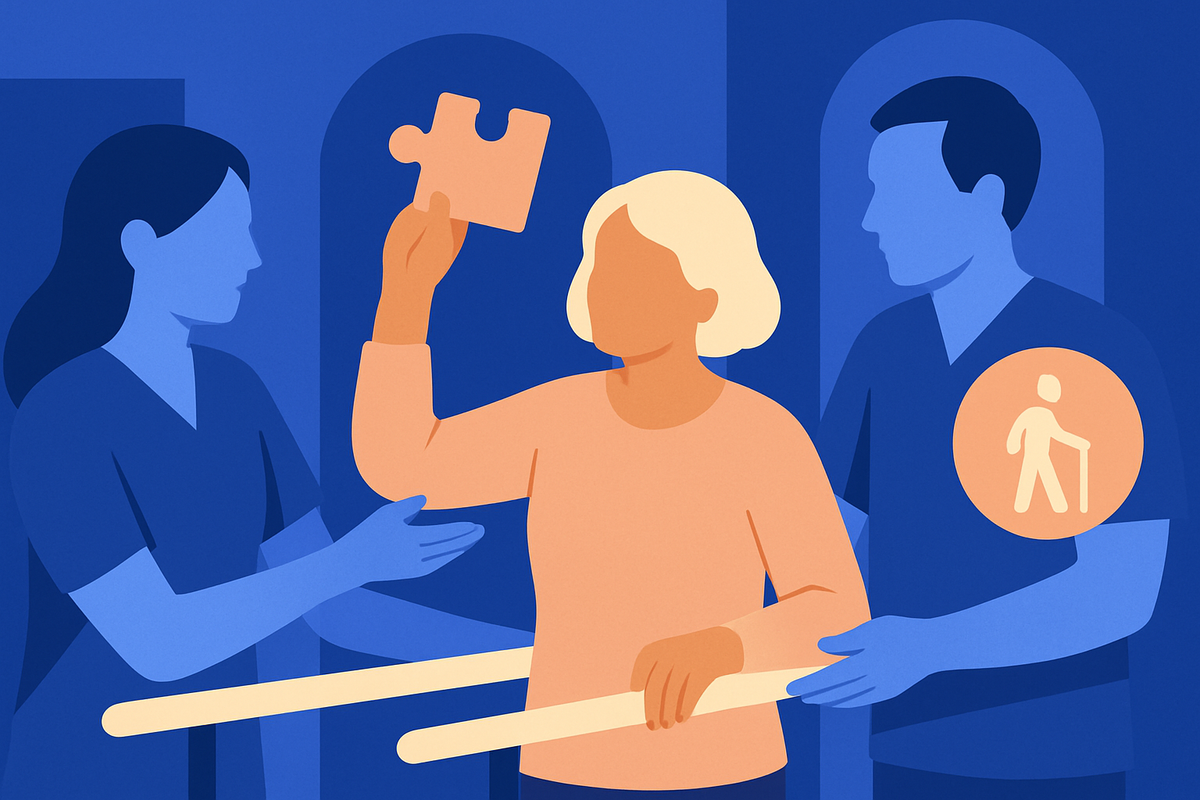 Two care workers help an older woman holding a puzzle piece and a bar, beside a walking icon