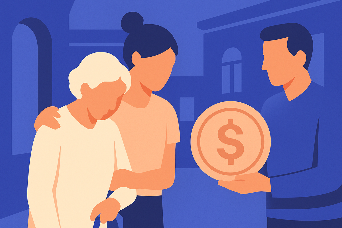 A woman comforts an older woman with a cane as a man offers a large dollar coin