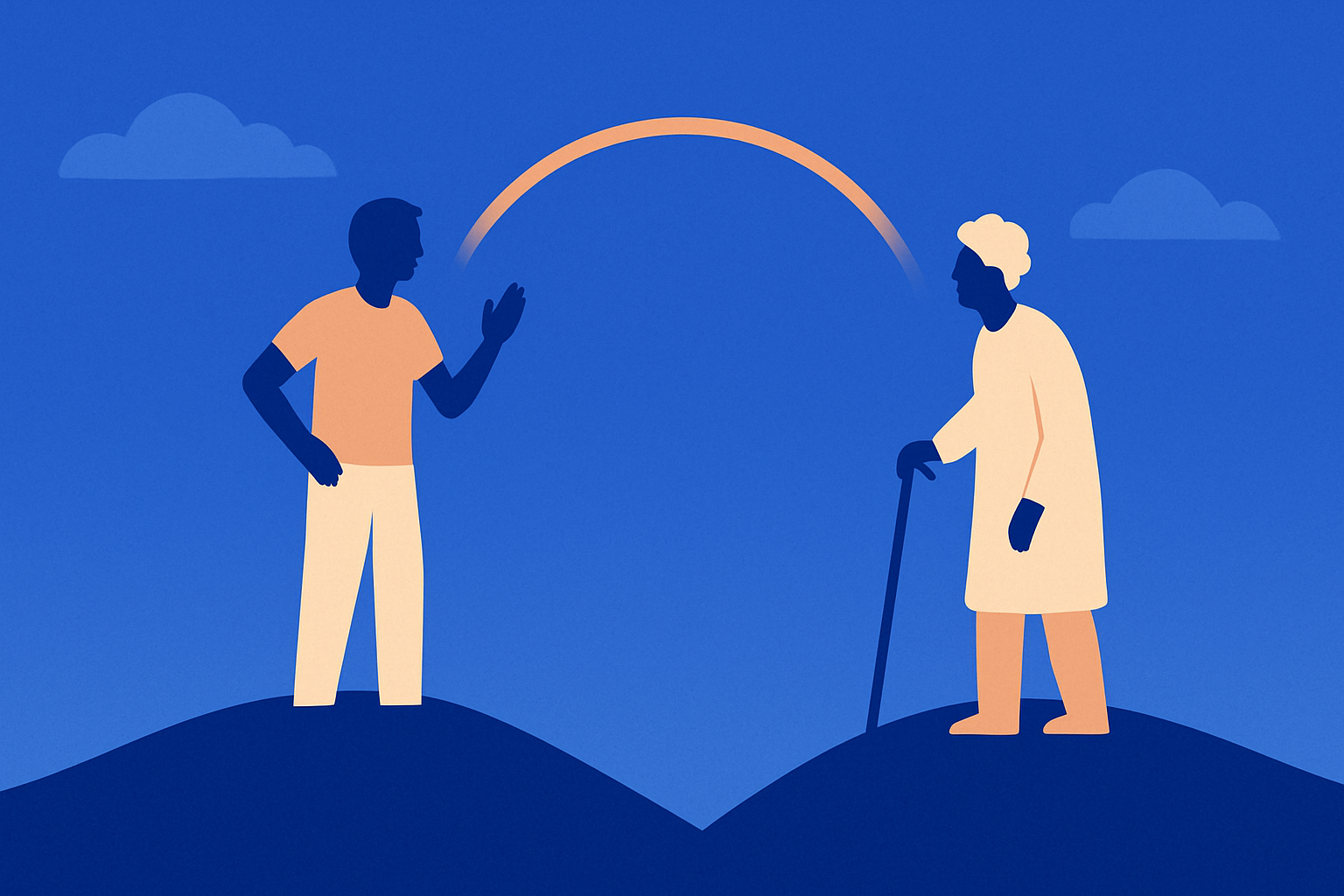 Caregivers assist several older adults in a living room, one with a walker and one with a cane