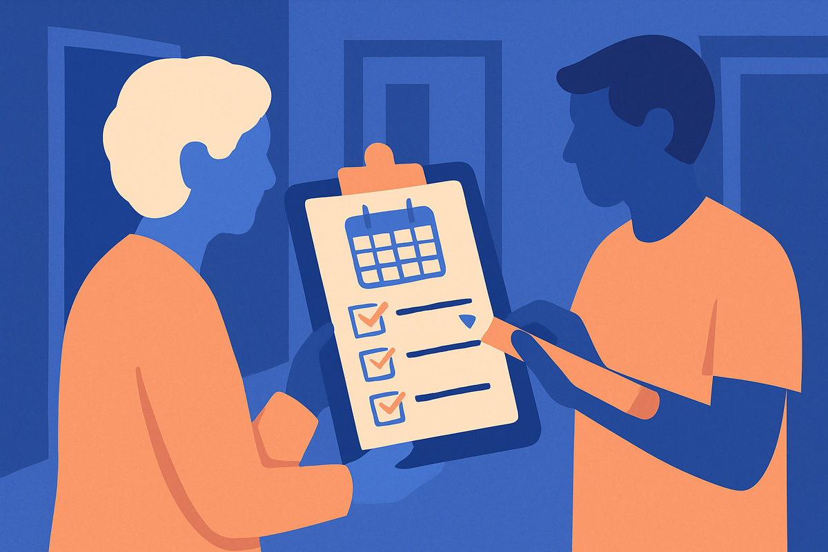 An older woman and a young man review a clipboard showing a calendar and checklist