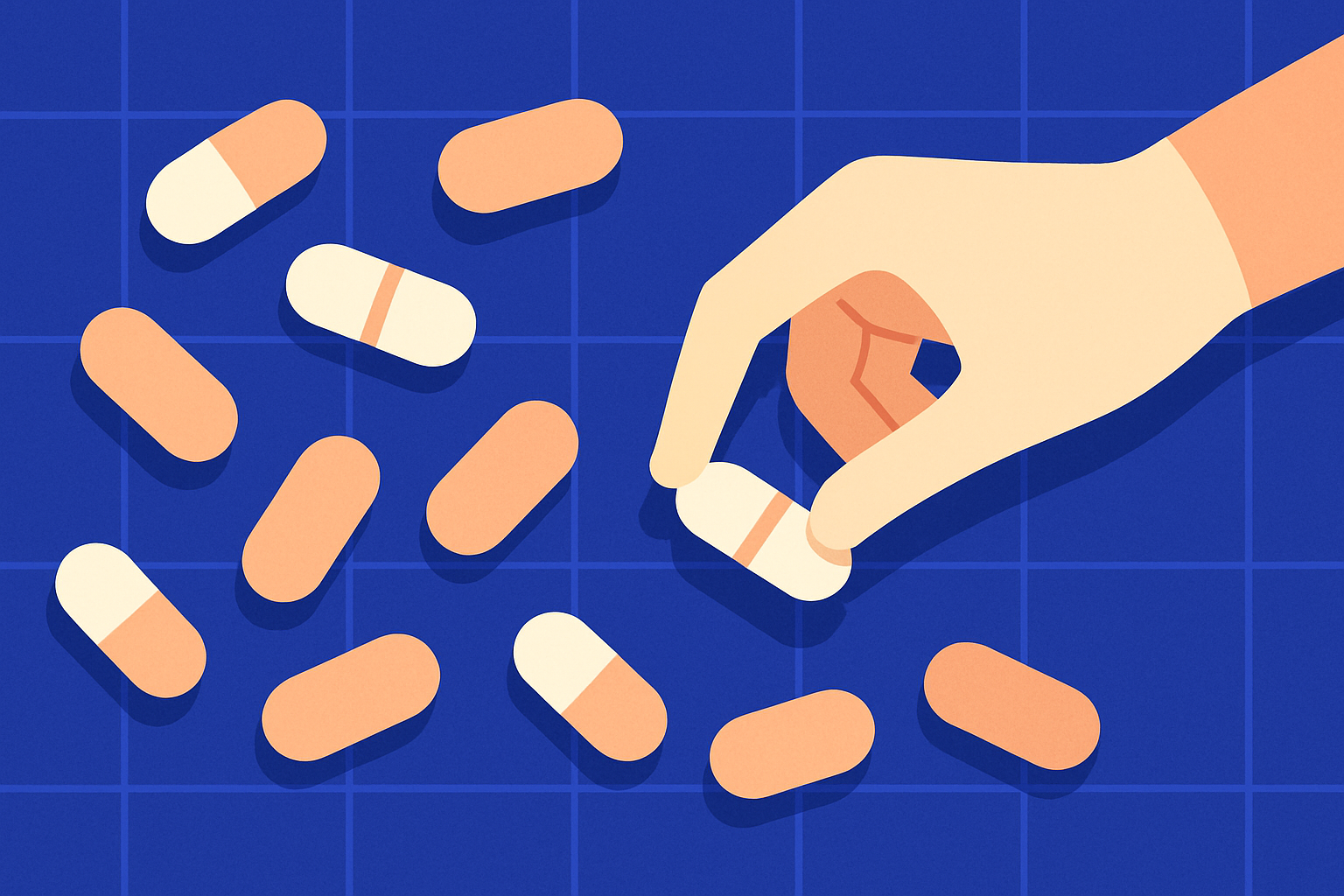 A hand picks up one pill from a scattered pile of capsules and tablets