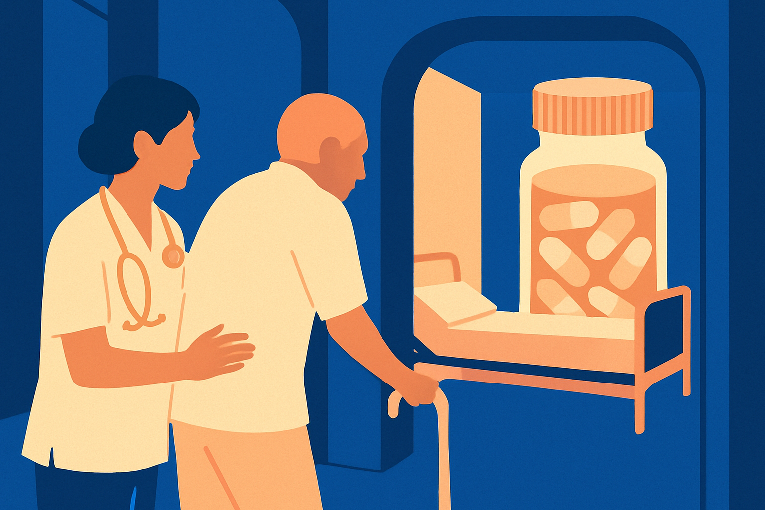 A nurse supports an older man with a cane, a large pill bottle in the background