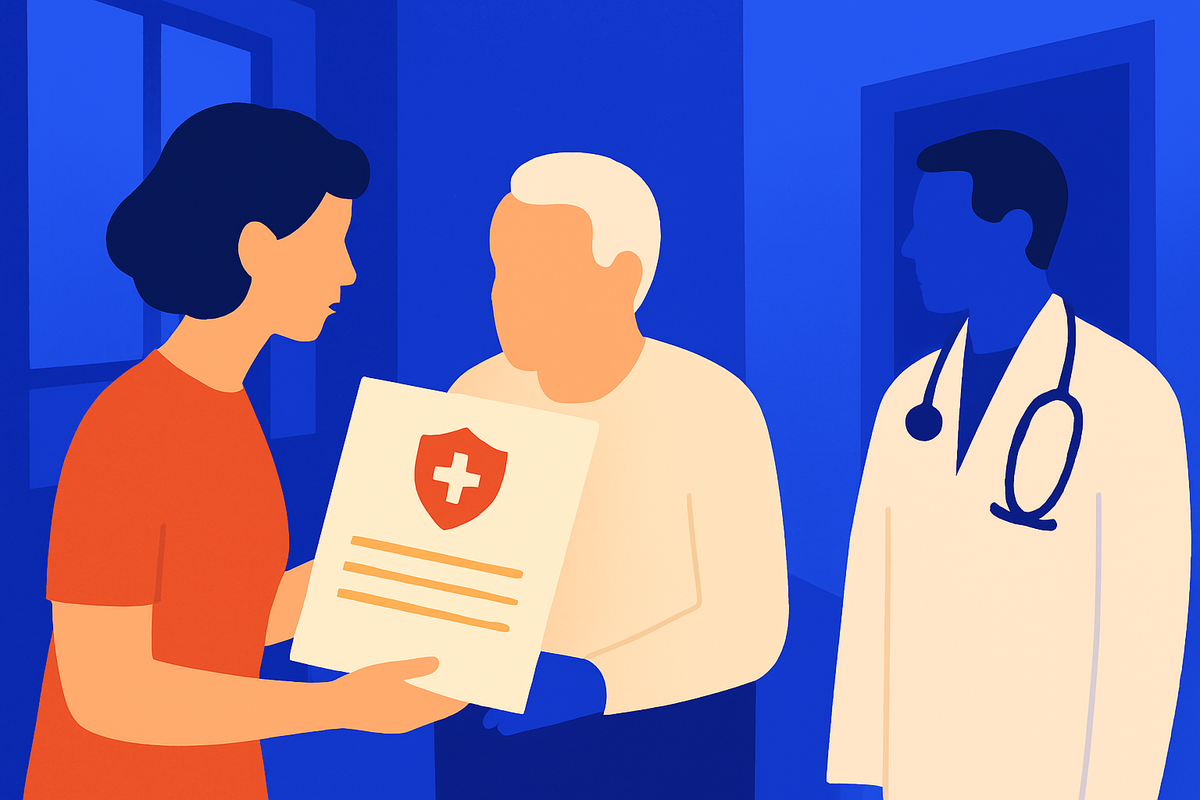A woman shows an older man a document with a medical shield, a clinician nearby