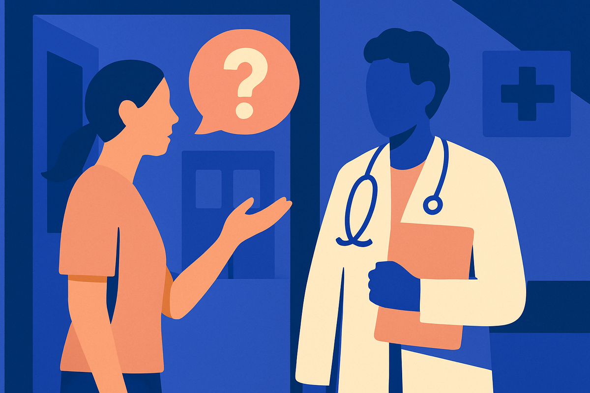 A woman with a question-mark speech bubble talks with a doctor holding a folder