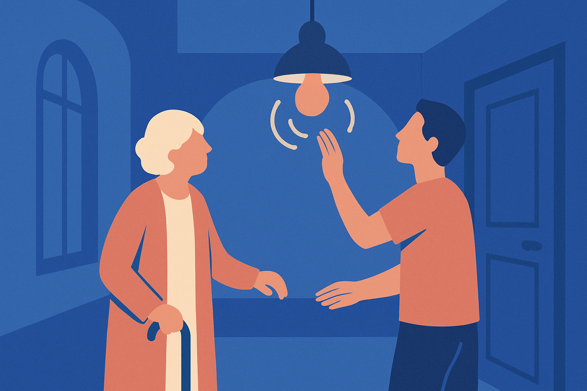 A young man points to a pendant light while standing with an older woman using a cane