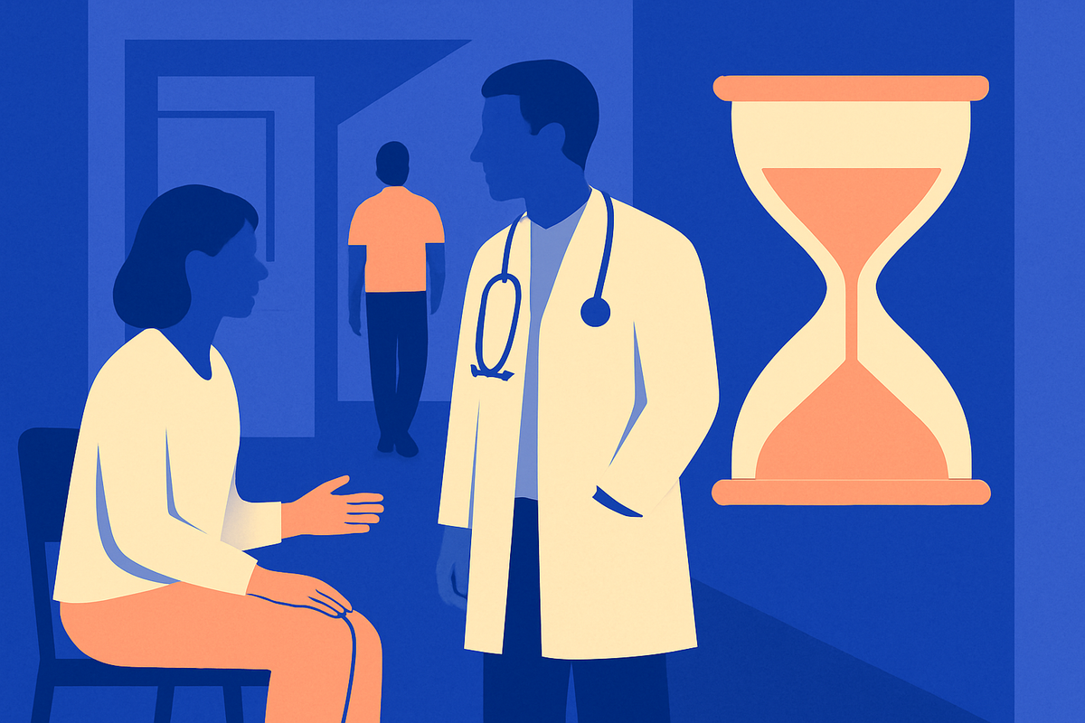 A woman talks with a doctor beside a large hourglass, a figure walking away