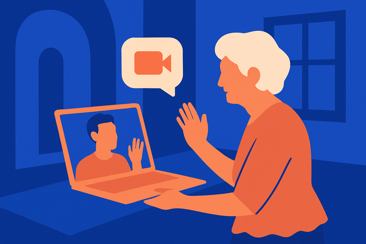 An older woman waves to a younger man on a laptop video call, a video-camera icon above