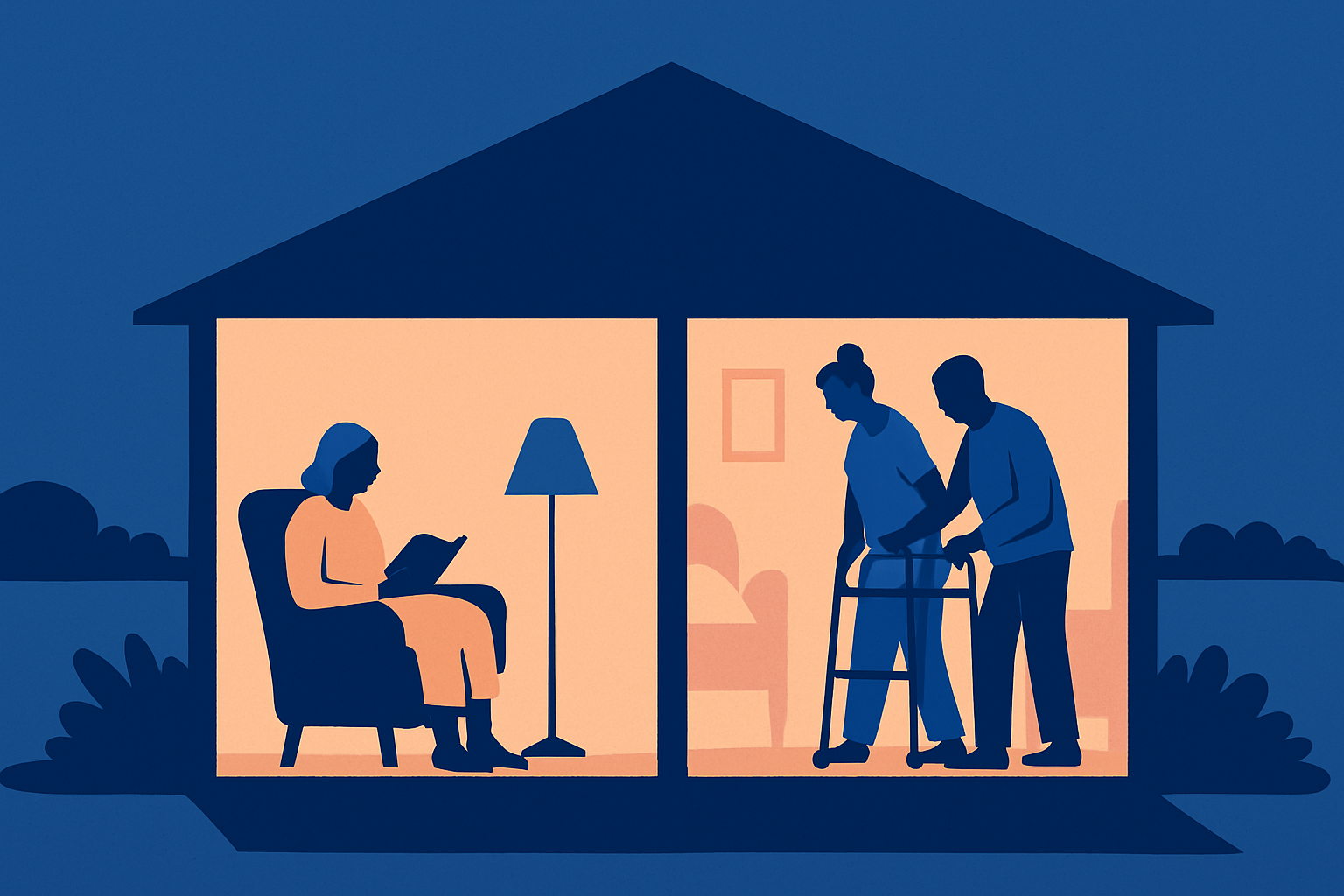 A house at night: an older woman reads while a caregiver helps another person with a walker