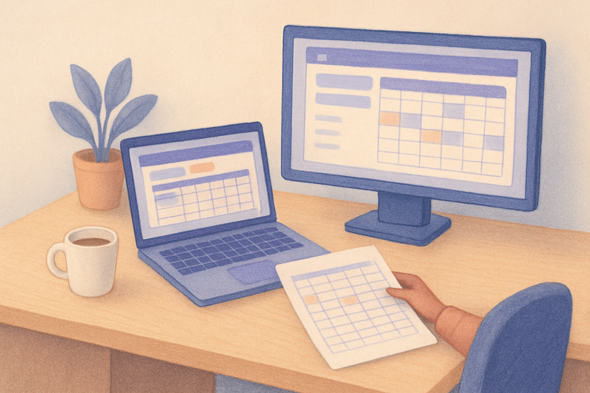 A home care agency coordinator at a tidy desk, reviewing a caregiver schedule on a laptop showing abstract dashboards
