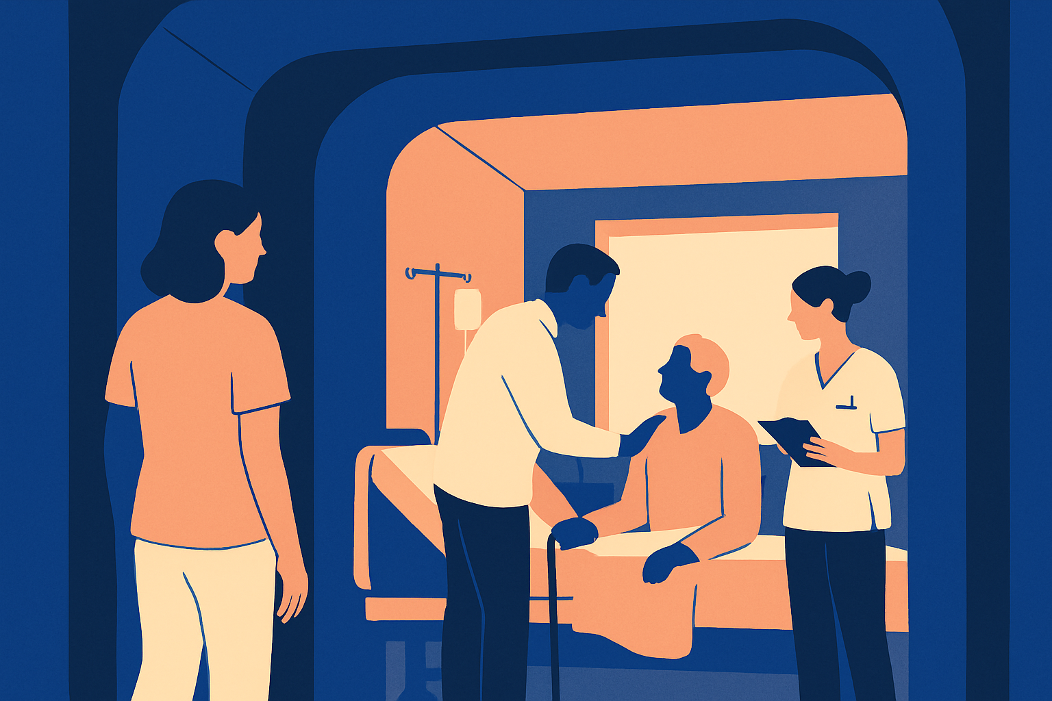 An older patient on a hospital bed talks with a caregiver and a nurse holding a clipboard
