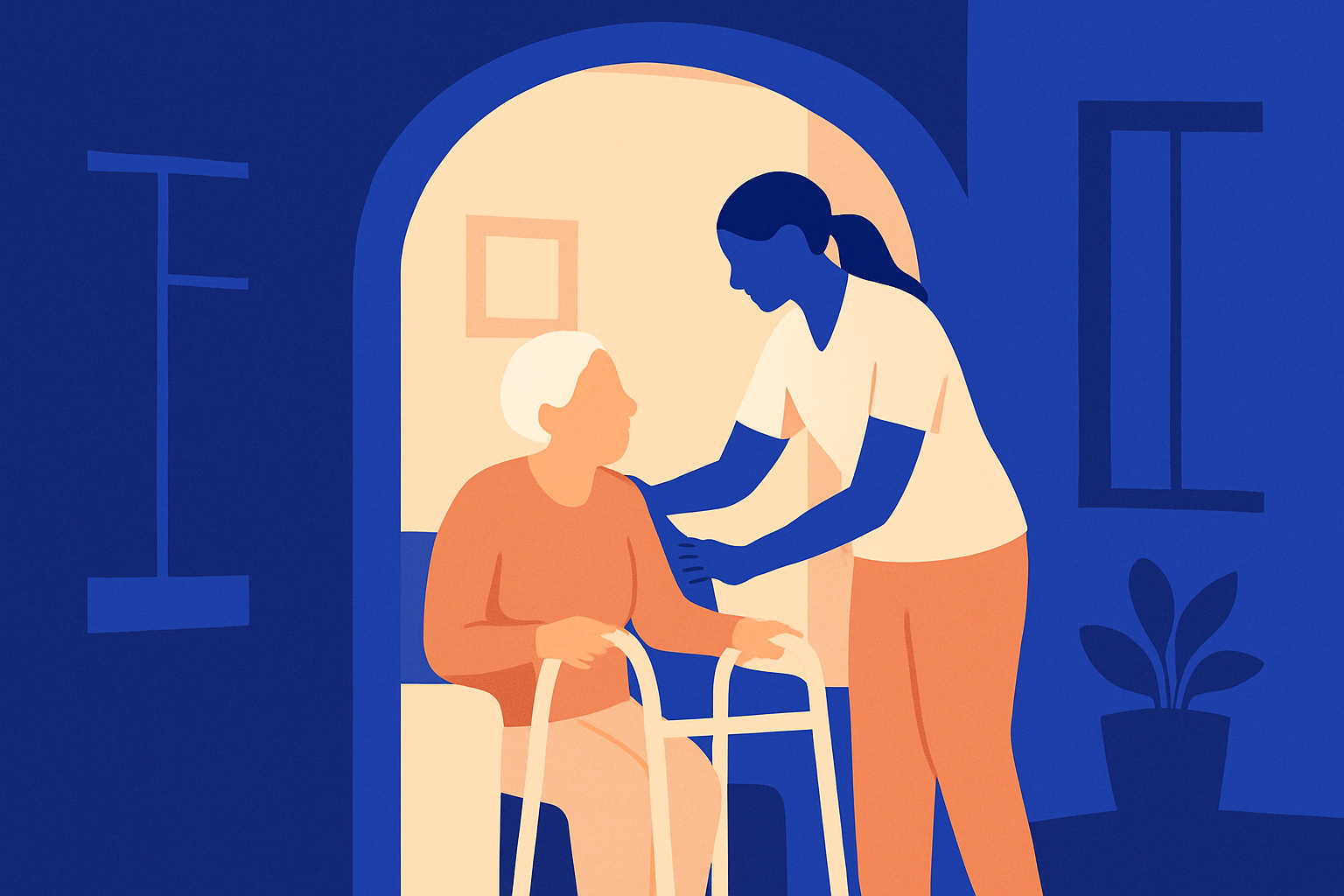 A care aide leans over an older woman seated with a walker in a softly lit room