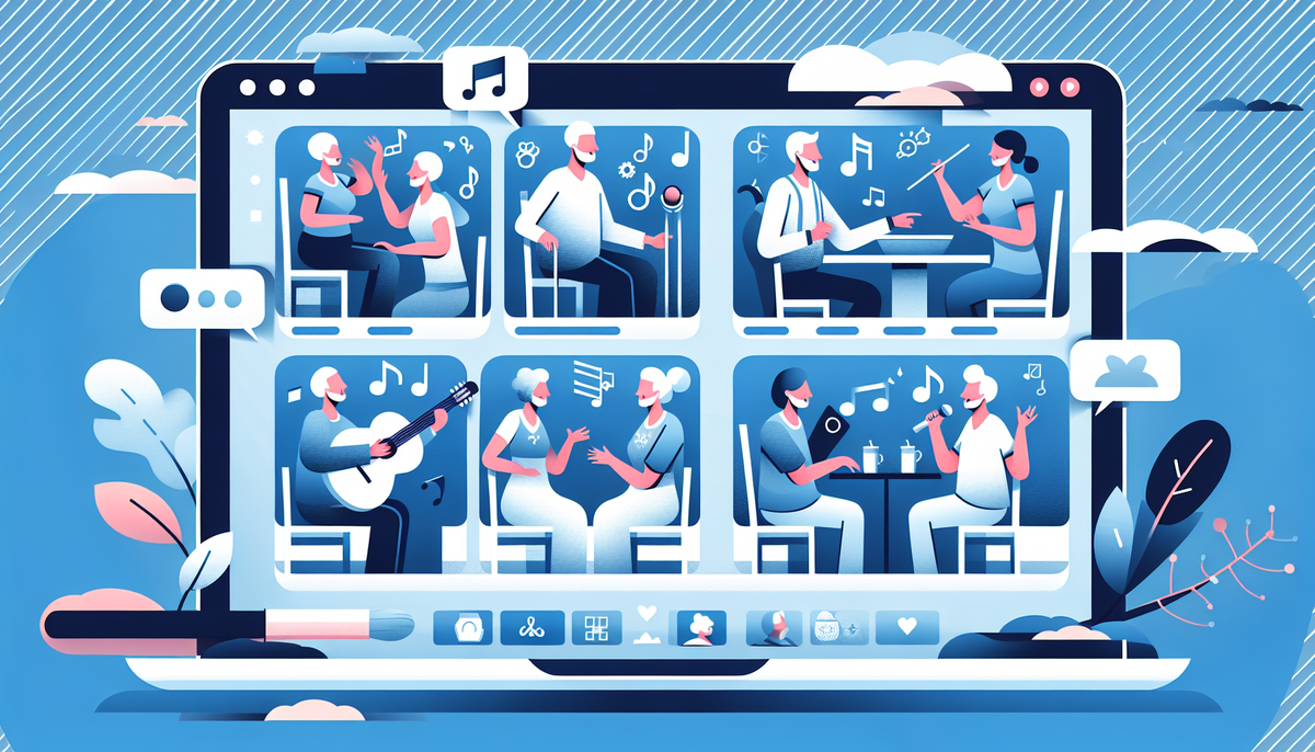 A vector representation of a Zoom screen, showing a group of elderly people participating in various activities like singing, playing games, or having a meal together. The screen should be divided into individual boxes, each showing a different person and activity. The color scheme should be a blend of blues, symbolizing the harmony and connection between the group.