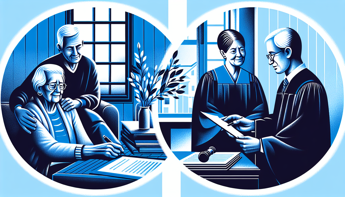 Create a split image that illustrates the contrast between POA and guardianship. On one side, depict a senior individual in a comfortable home environment, signing a POA document with a trusted family member. On the other side, portray a more formal court setting where a judge is granting guardianship. Maintain the blue tone throughout to ensure cohesion and professionalism.
