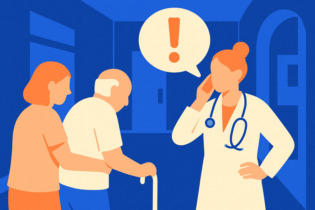 A doctor on the phone with an alert bubble beside caregivers helping an older man with a cane