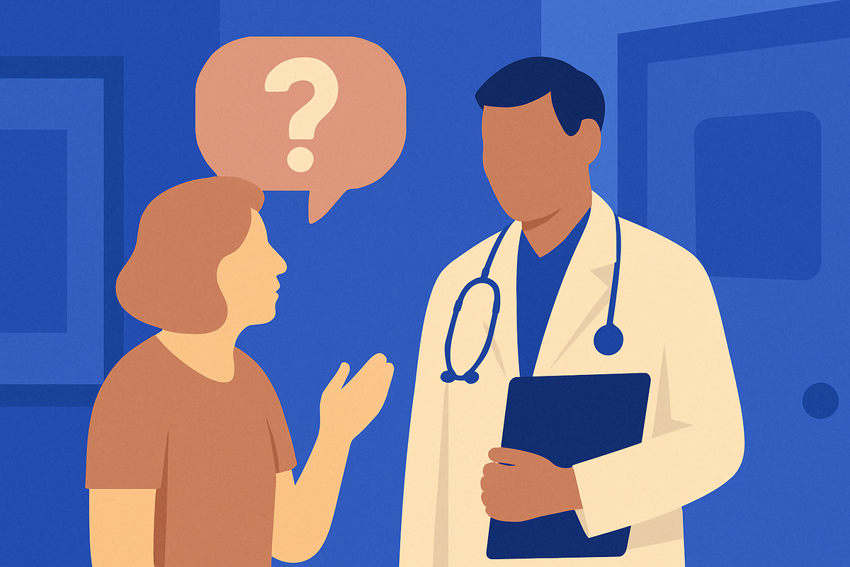 An older woman with a question-mark speech bubble talks with a doctor holding a clipboard