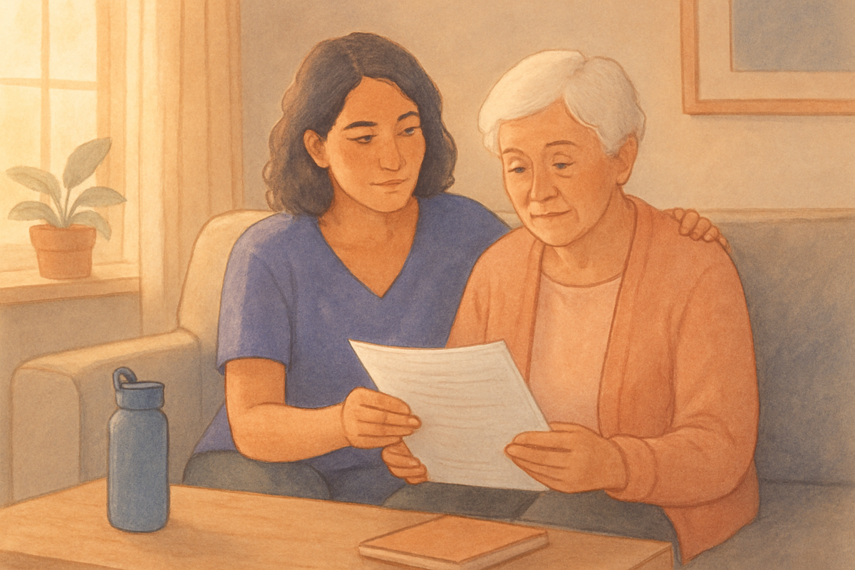 A daughter and her mother reviewing the discharge papers together at home