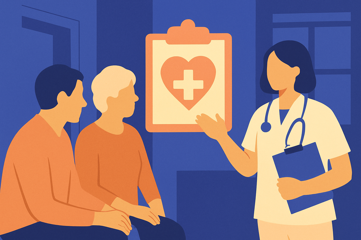 A clinician with a clipboard talks with an older couple, a heart-and-cross icon above
