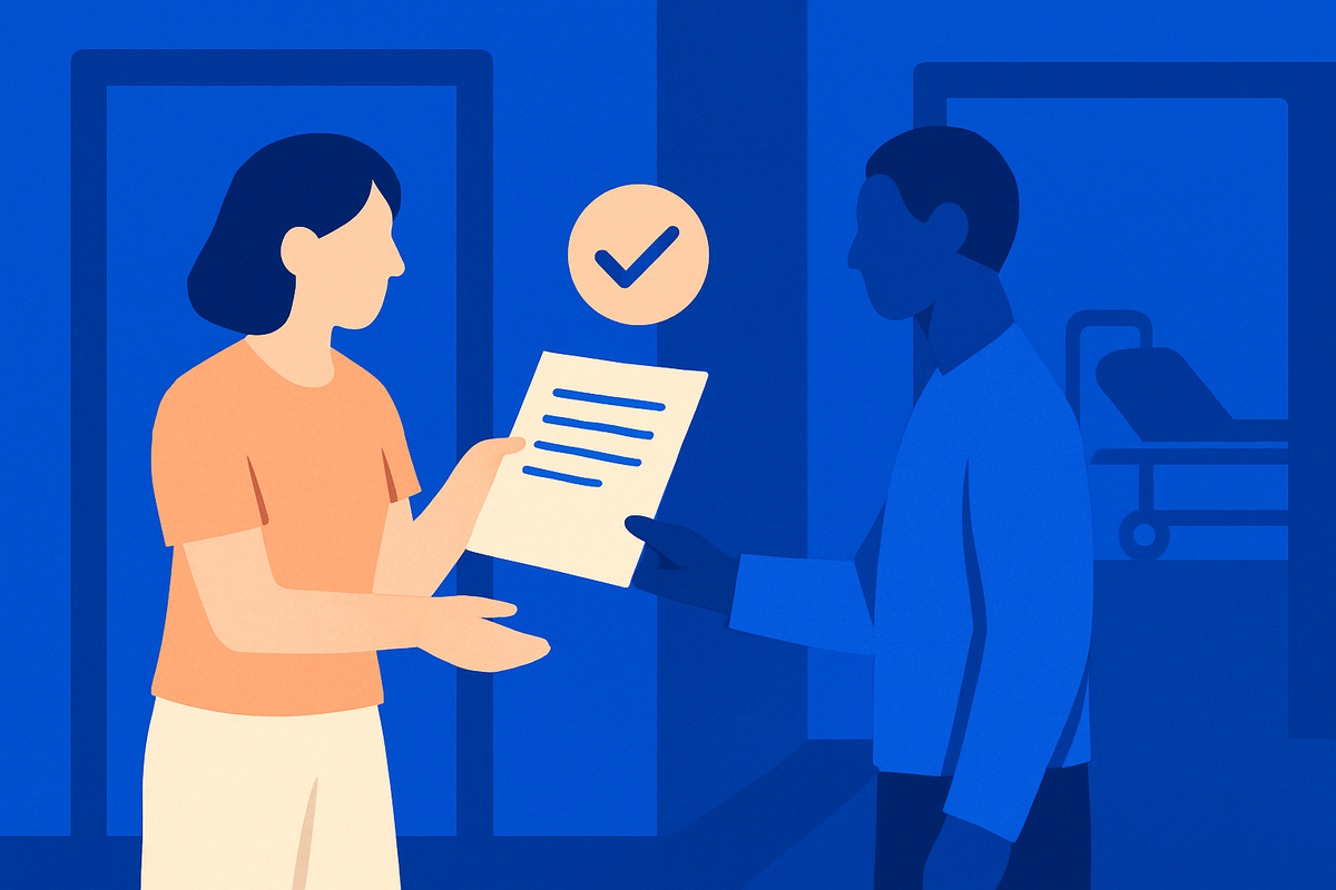 A woman hands a document to a man, a checkmark above and a hospital bed in the background
