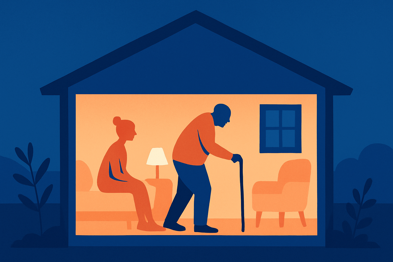 A house at night: a seated woman and an older man walking with a cane