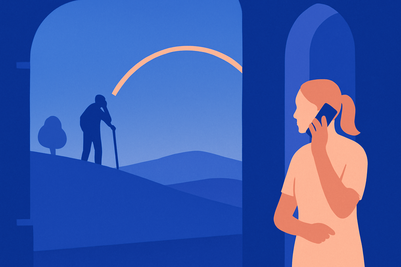 A woman on the phone gazes through a window at an older man with a cane on a distant hill