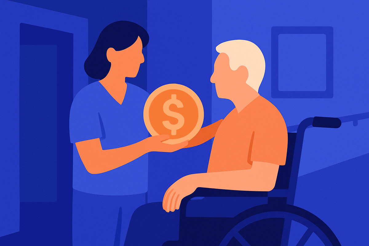 A care worker hands a large dollar coin to an older man in a wheelchair