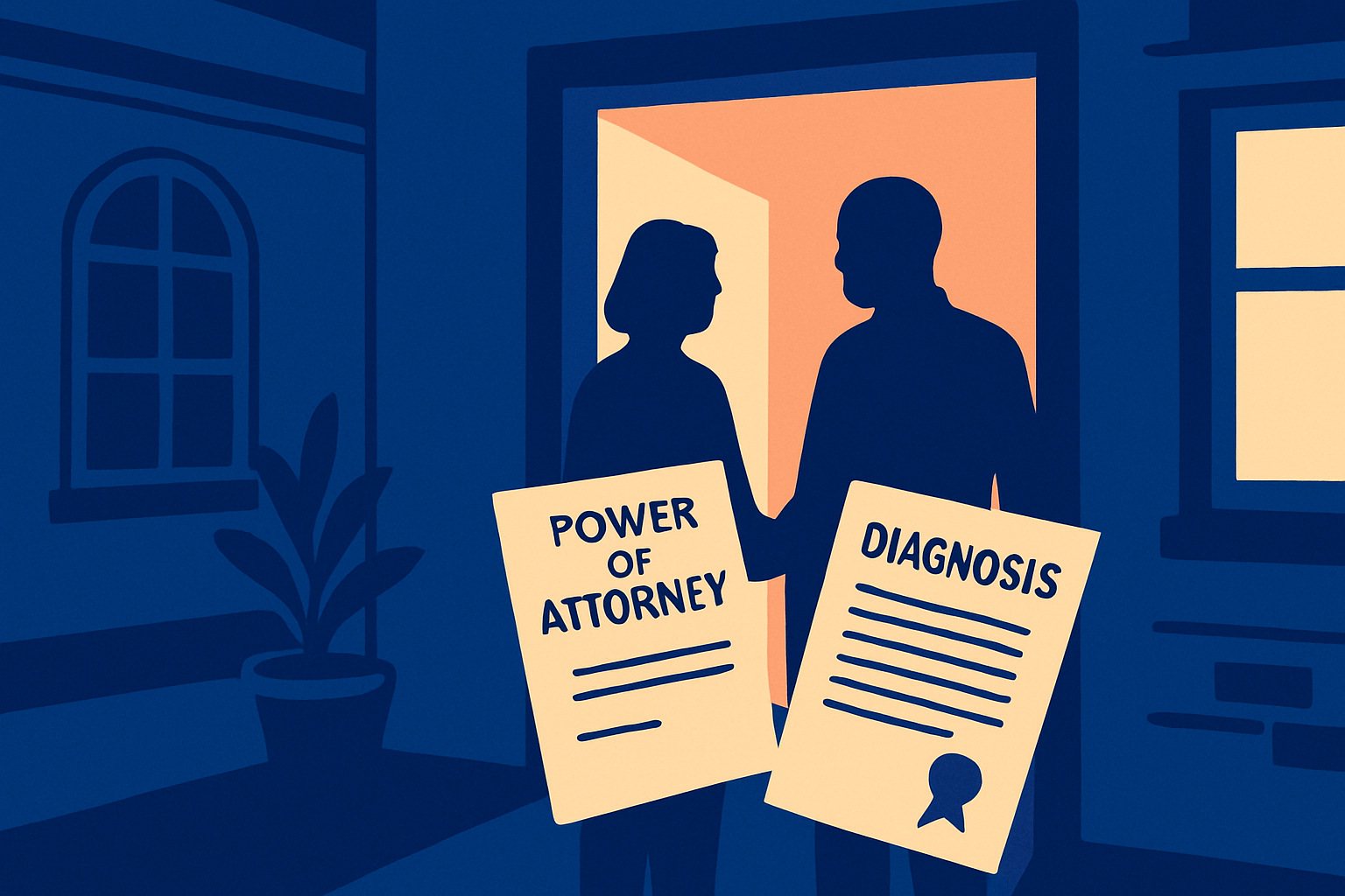 Two people hold documents labeled Power of Attorney and Diagnosis at a doorway