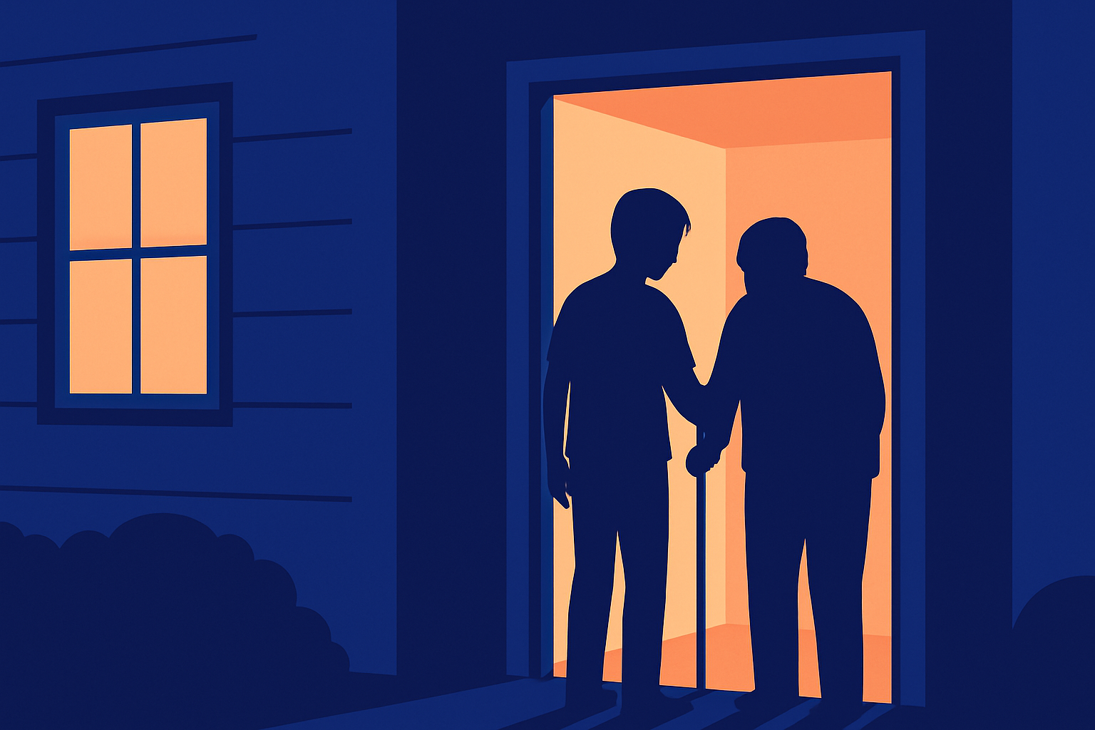 A younger person and an older person with a cane stand at a lit doorway at night