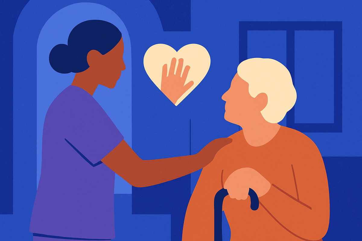 A care worker rests a hand on an older woman with a cane, a hand-in-heart icon between them