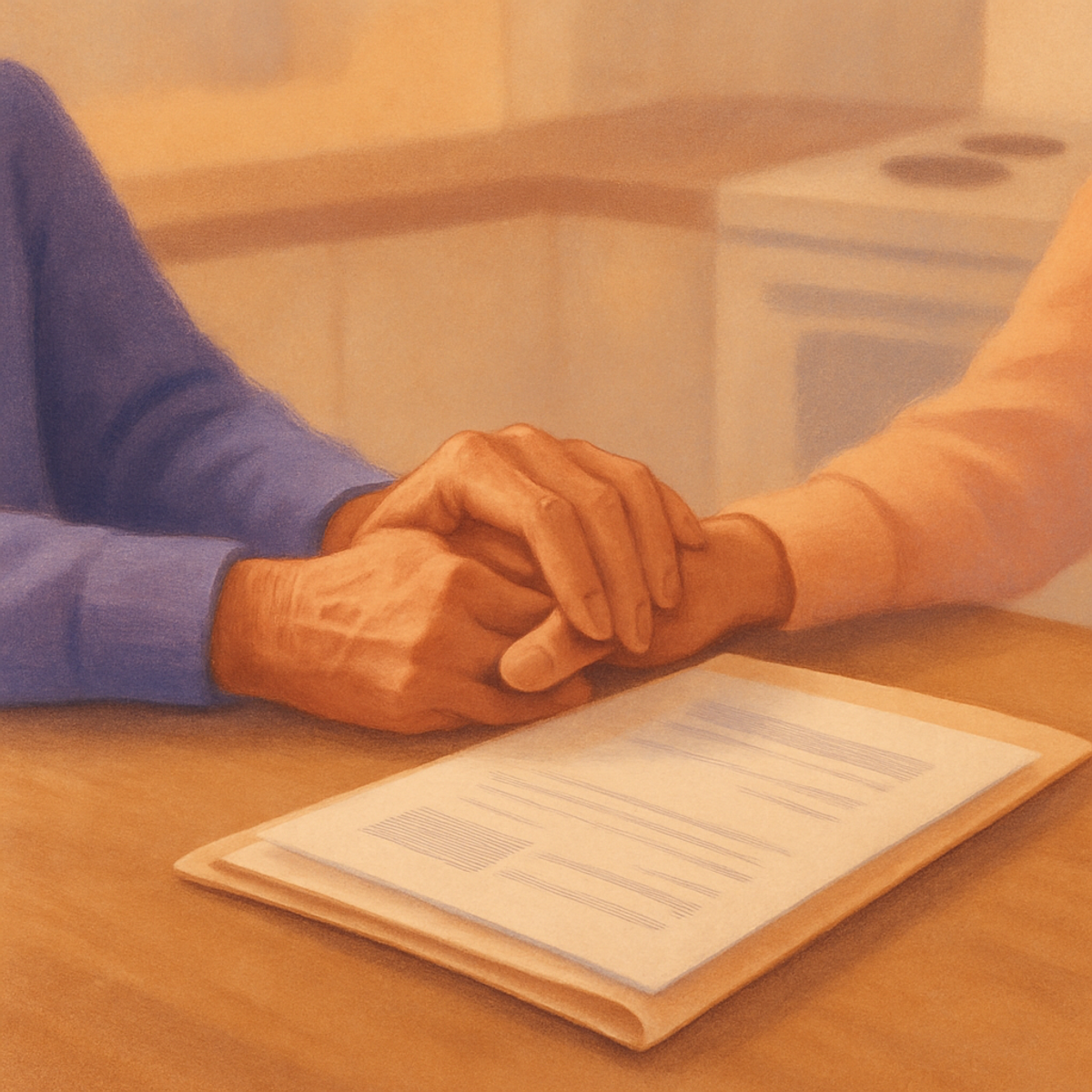 Two hands resting together on a kitchen table beside an open folder of paperwork