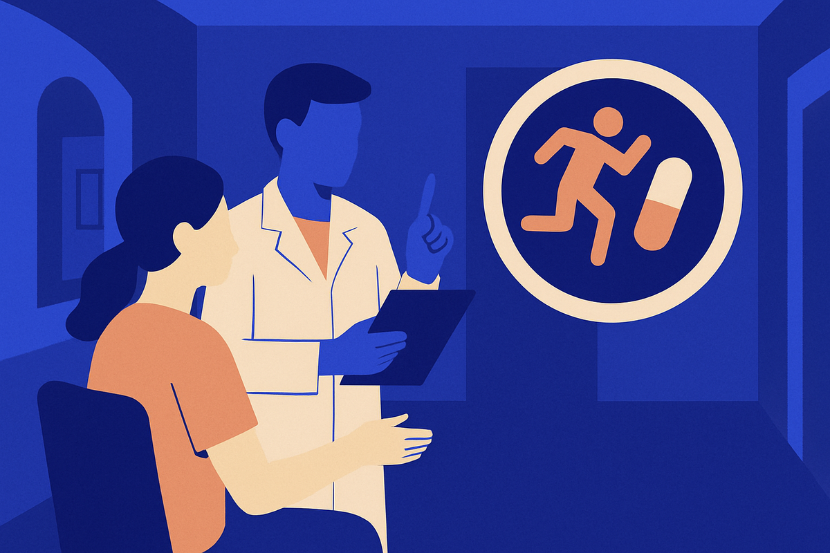 A doctor with a clipboard talks with a seated woman, a running-figure-and-pill icon nearby