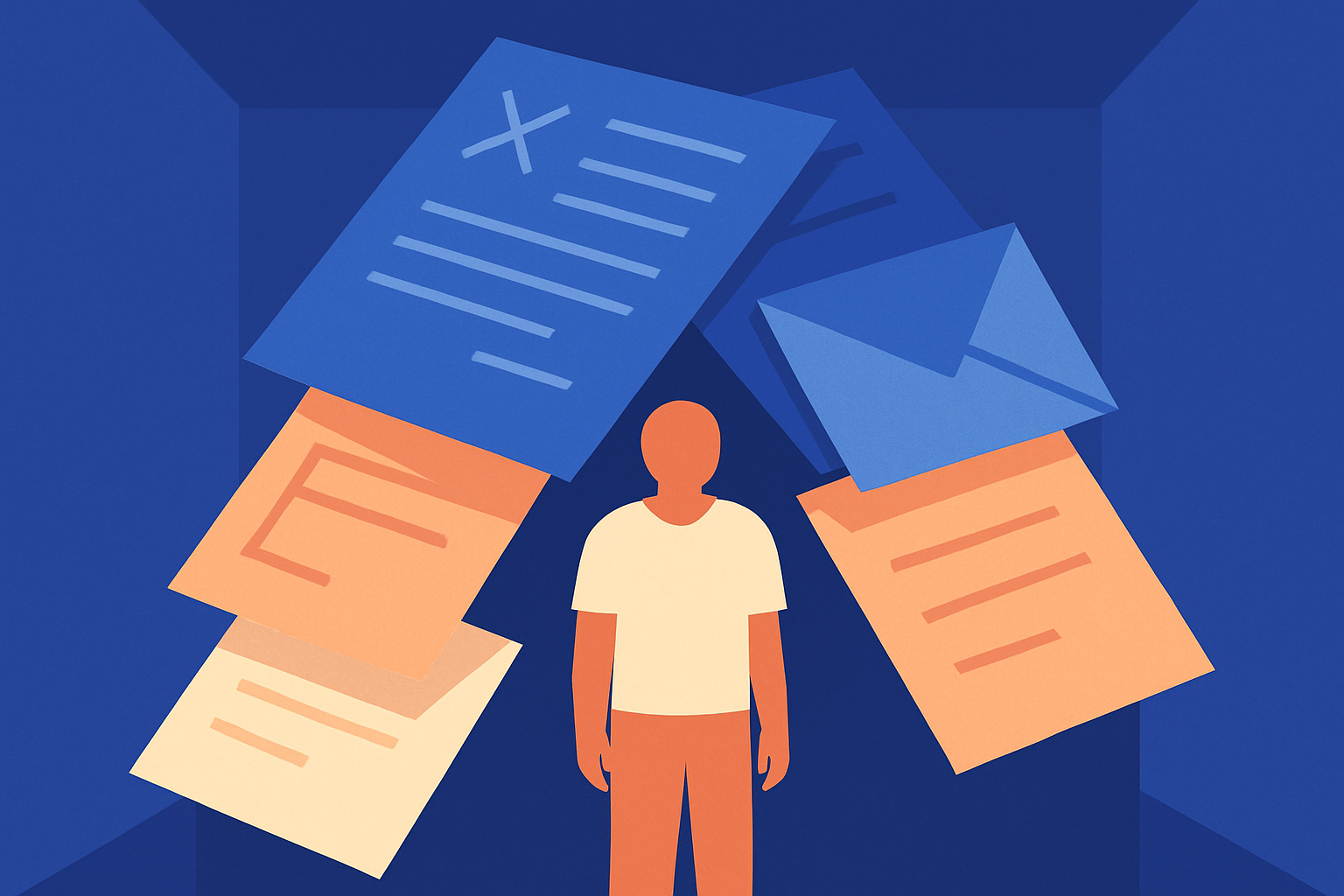 A person stands surrounded by floating documents, forms, and an envelope