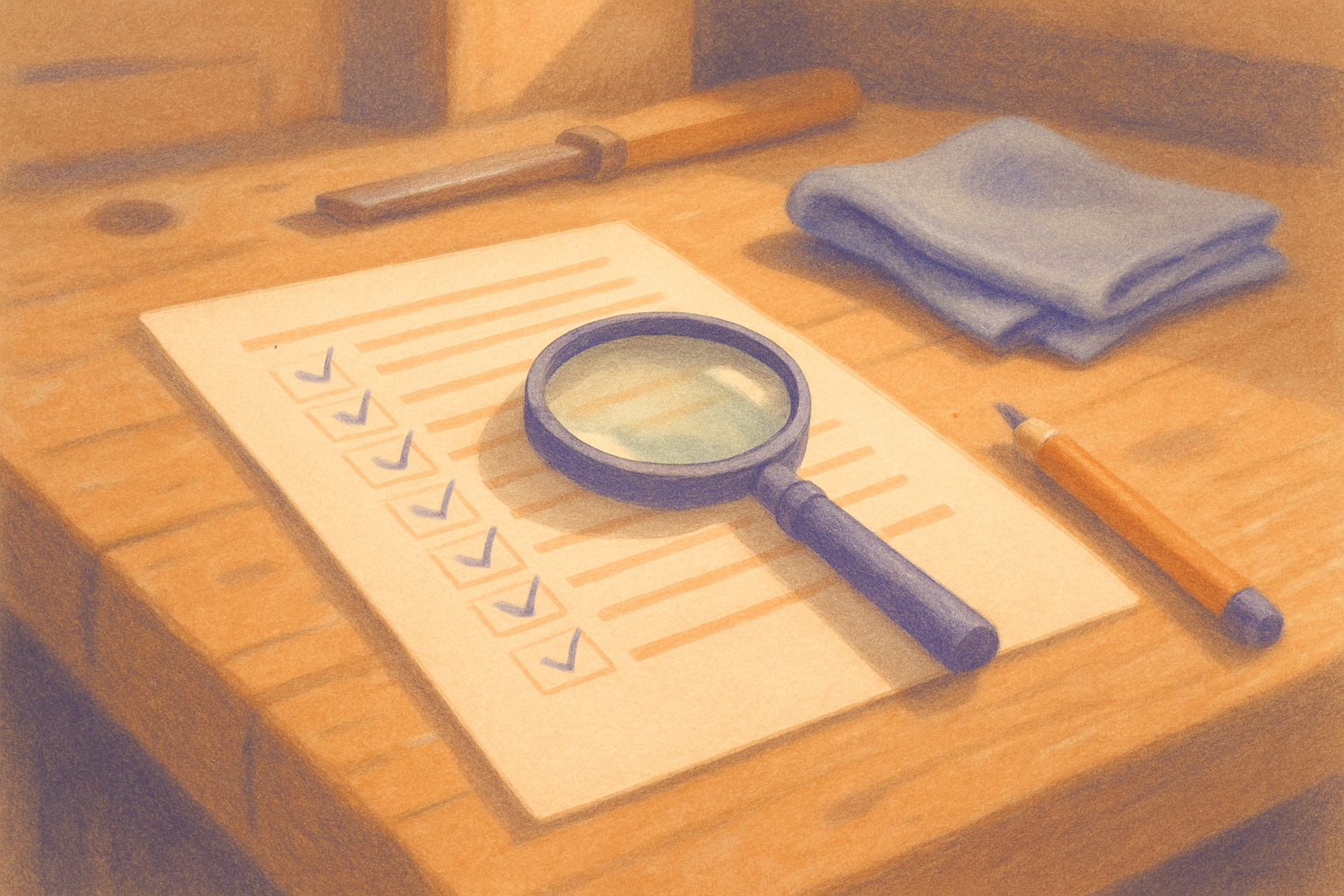 A printed checklist with rows of check marks on a wooden workbench in morning light, with a magnifying glass resting on the page and a sharpened pencil beside it