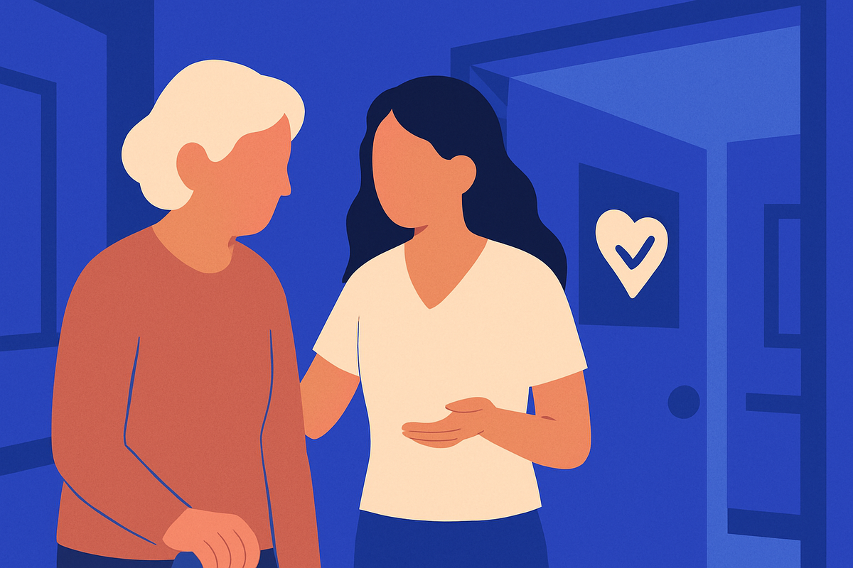A younger woman walks arm in arm with an older woman, a heart-with-checkmark on the door