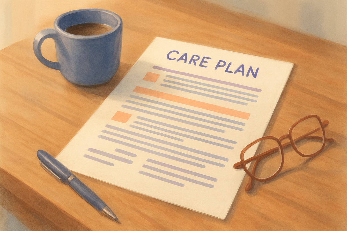 A printed one-page care plan resting on a kitchen table with a coffee mug and reading glasses