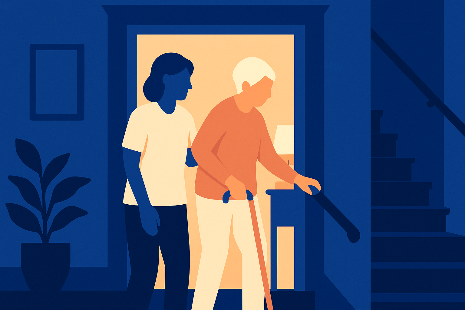 A young man supports an older woman with a cane as they walk, a house shield icon nearby