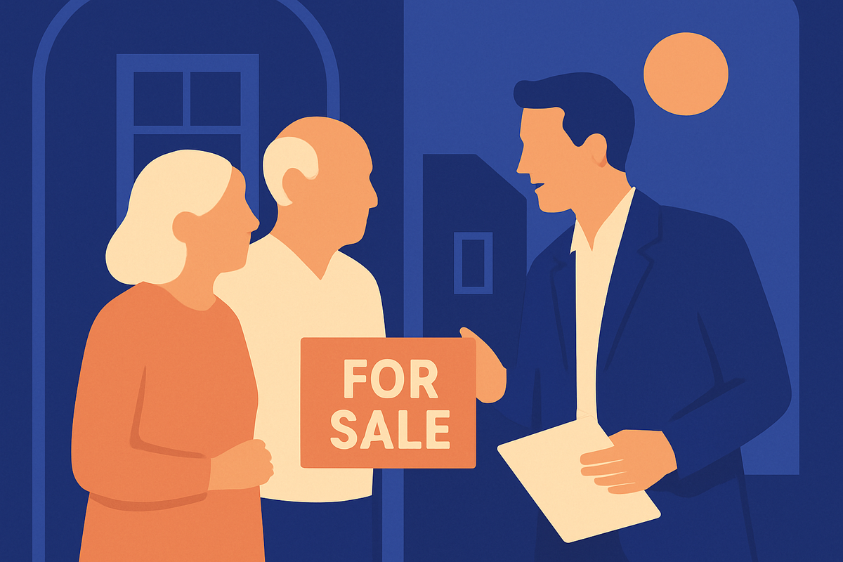 An older couple talk with a real-estate agent holding a FOR SALE sign outside a house