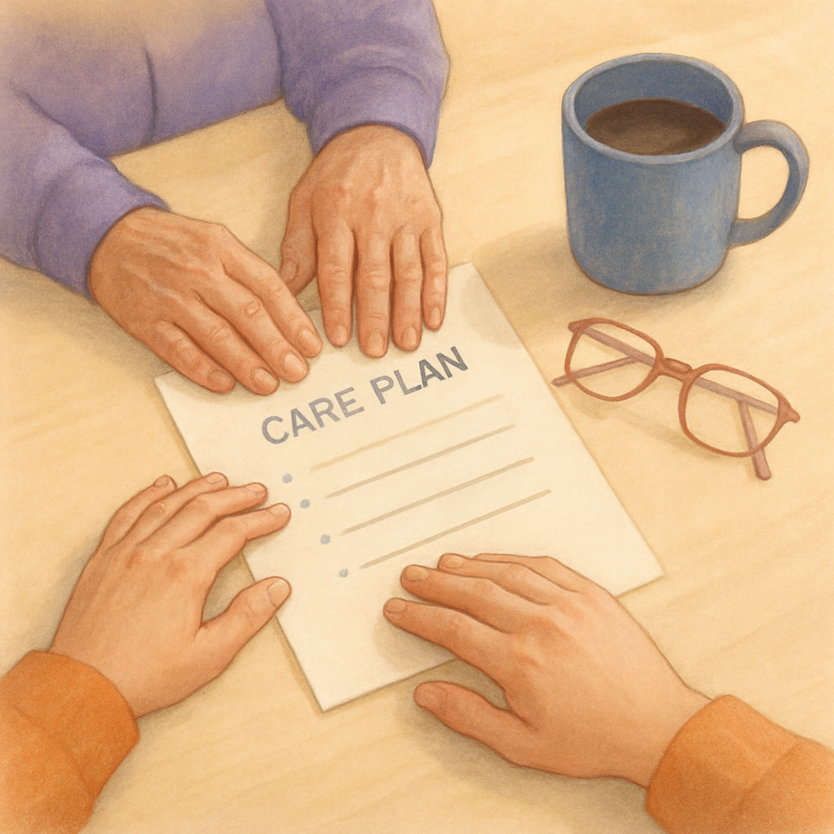 A caregiver reviewing a printed care plan with her parent at the kitchen table