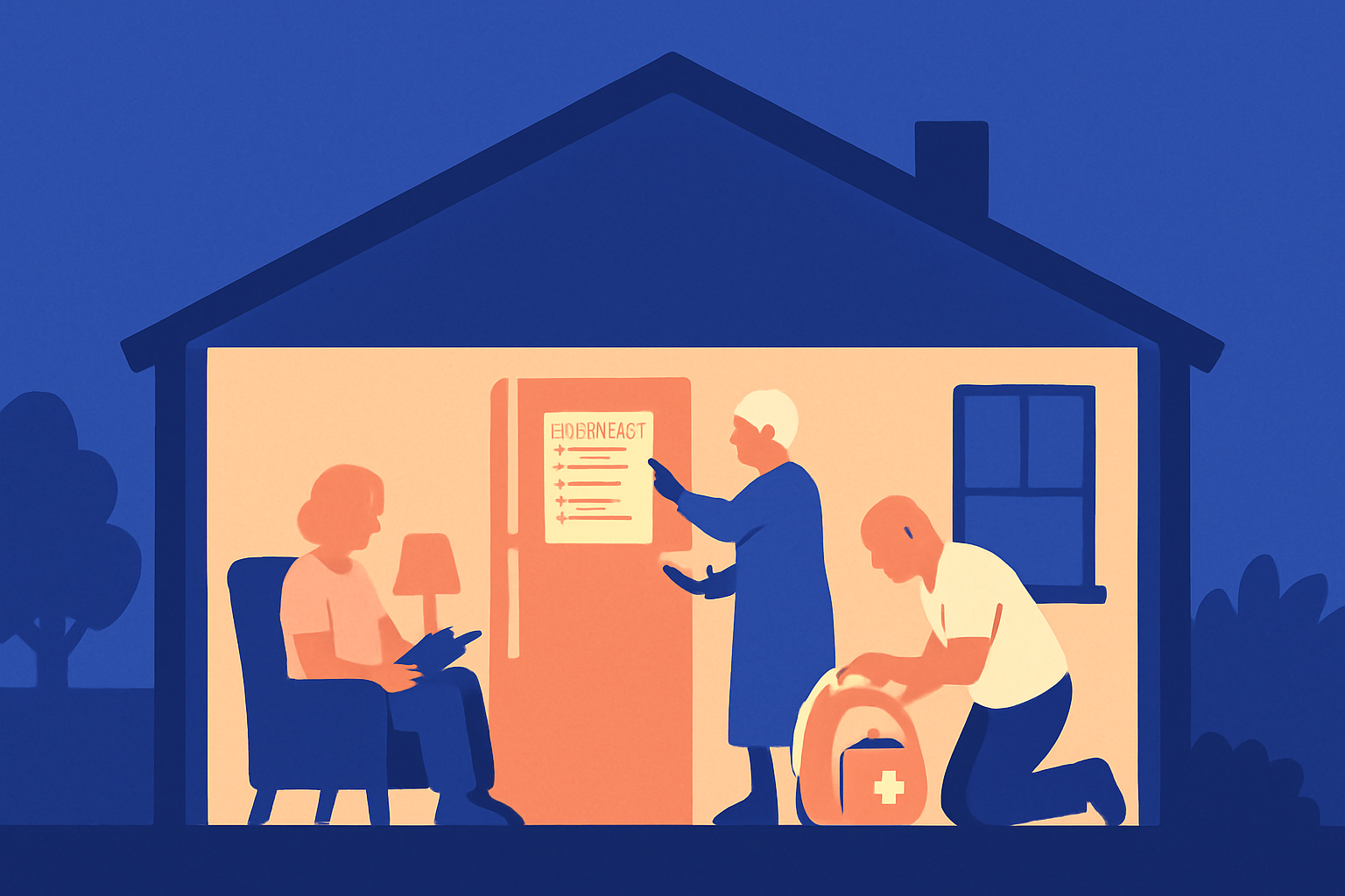 A house at night: a family reviews an emergency checklist and a first-aid kit