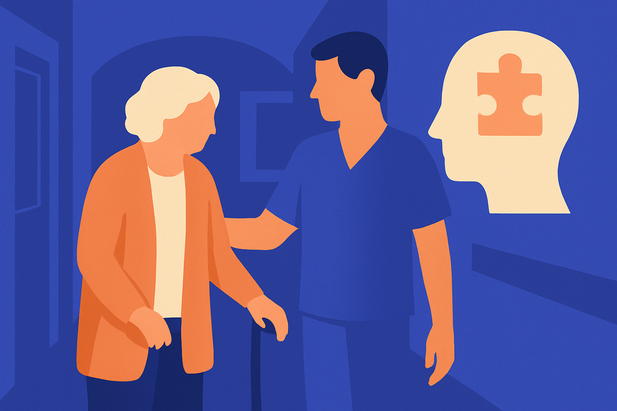 A care worker guides an older woman with a cane beside a head icon holding a puzzle piece