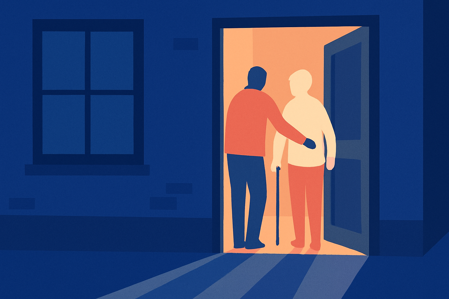 A person guides an older man with a cane through a lit doorway at night, seen from behind