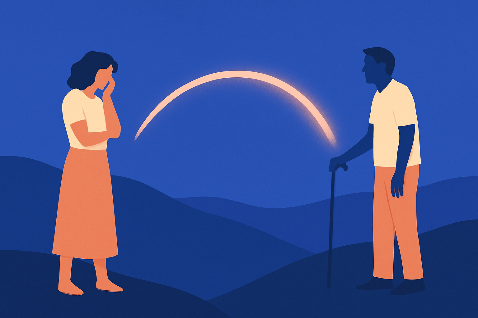 A distressed woman faces an older man with a cane across hills, an arc between them