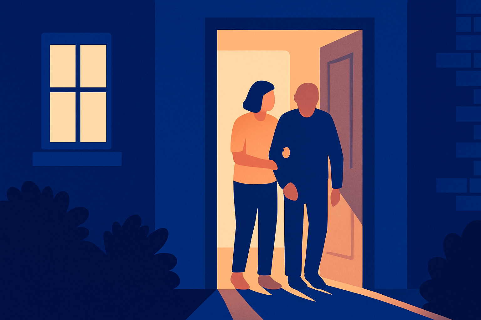 A woman helps an older man through the lit doorway of a house at night