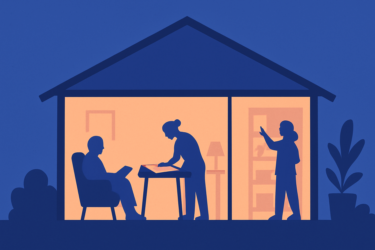 A house at night: a man reads, a woman works at a table, and another gestures at shelves