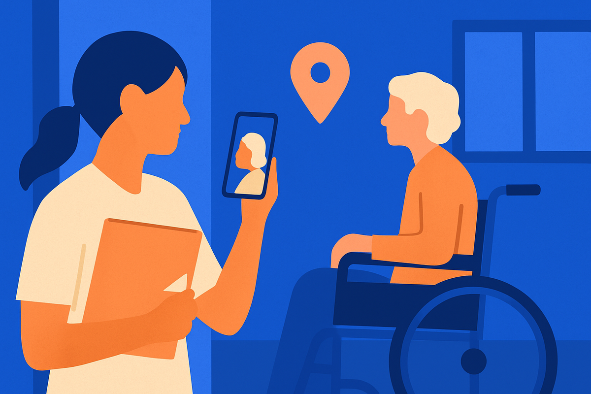 A woman holds up a phone showing a face and a location pin, beside an older woman in a wheelchair