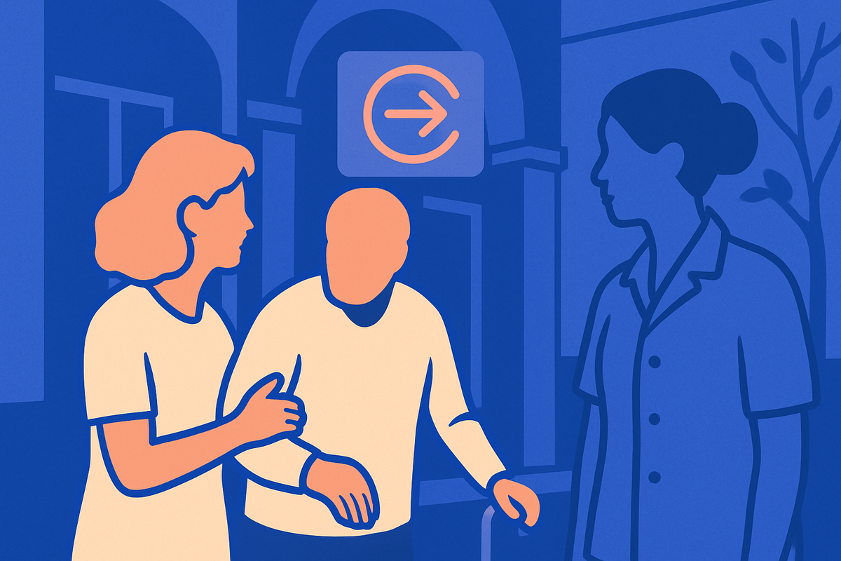 A woman supports an older man toward an exit, a care worker nearby and an exit icon above